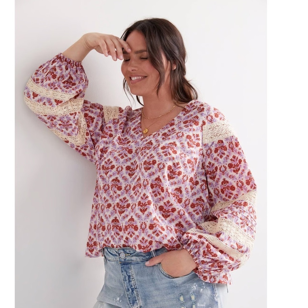 Eze Sur Mer Anthropologie women's multicolored floral long-sleeved blouse
